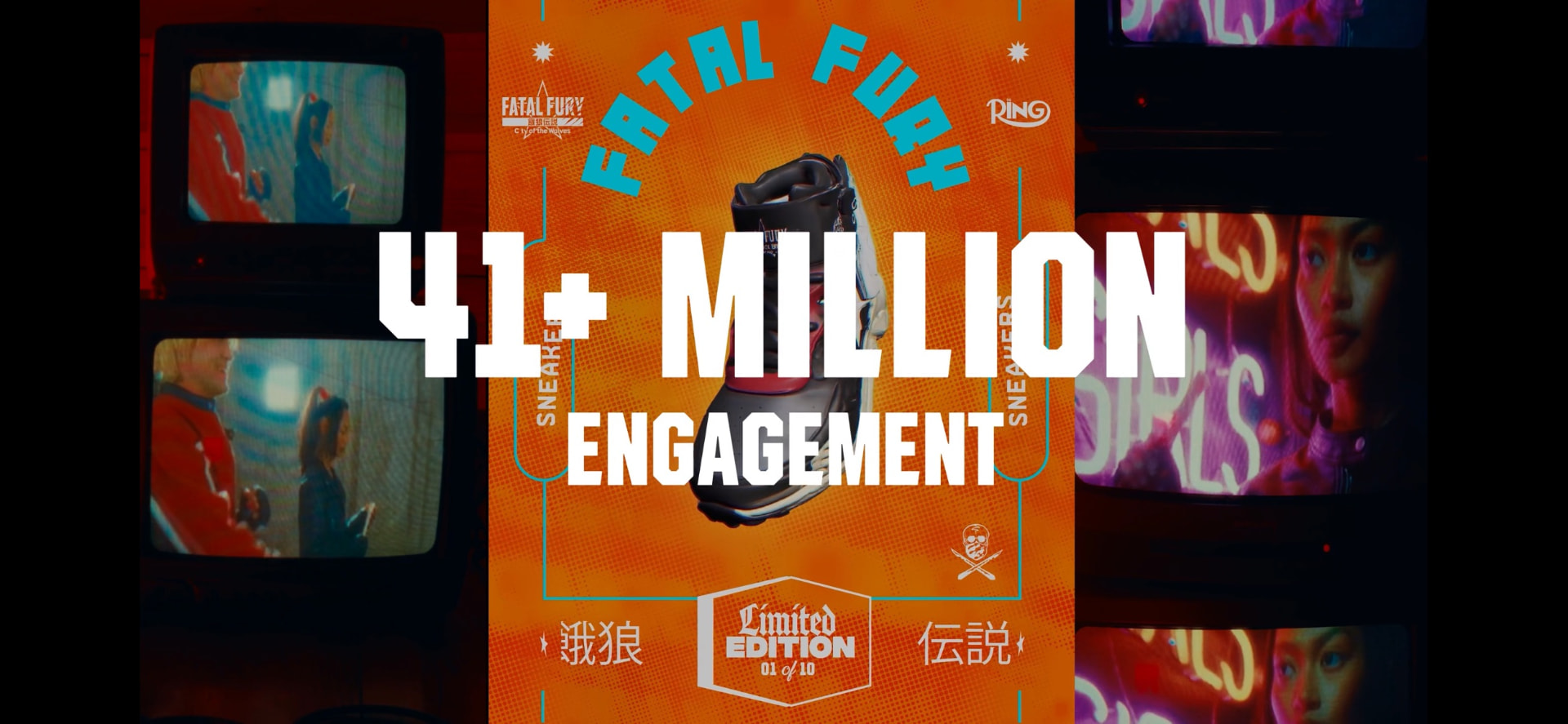 Fatal Fury campaign graphic reporting 41+ million engagement alongside limited-edition sneaker artwork