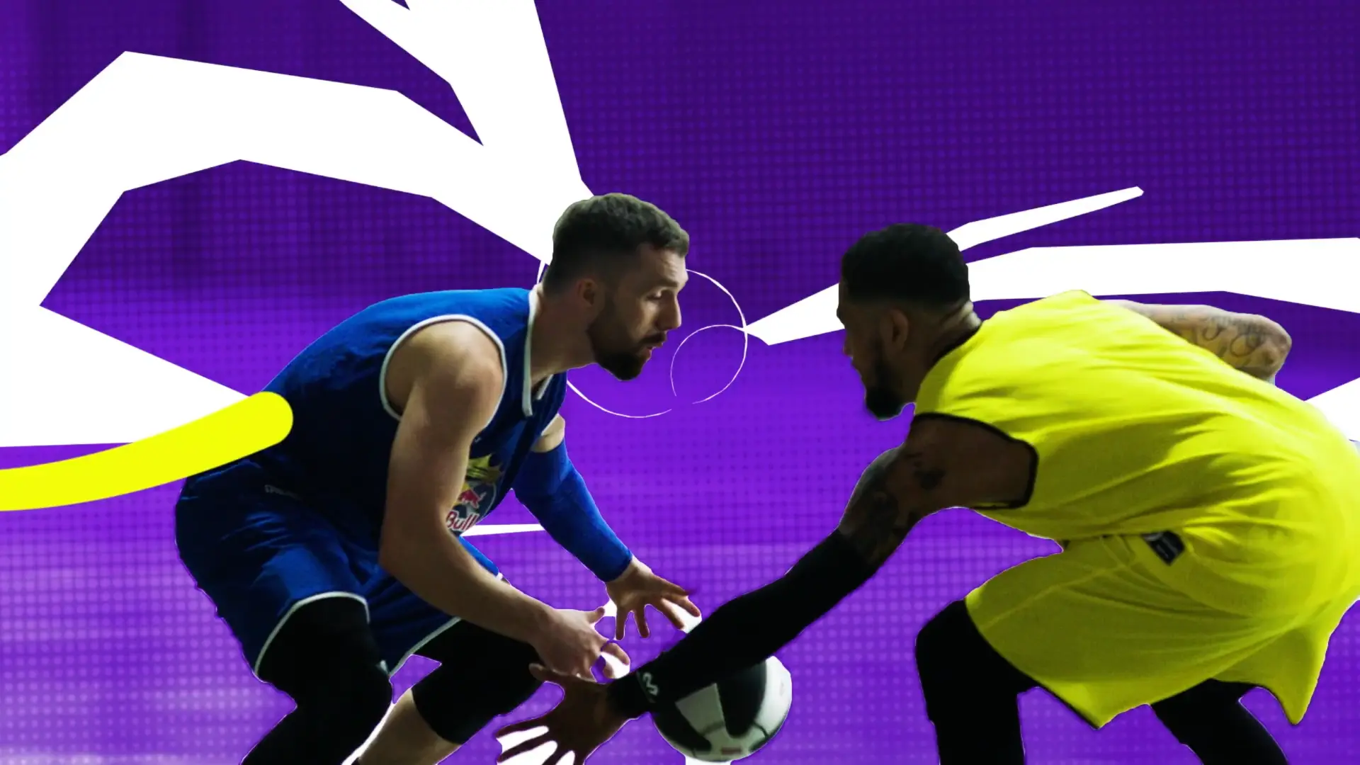 Basketball players mid-game during a Red Bull global tournament film