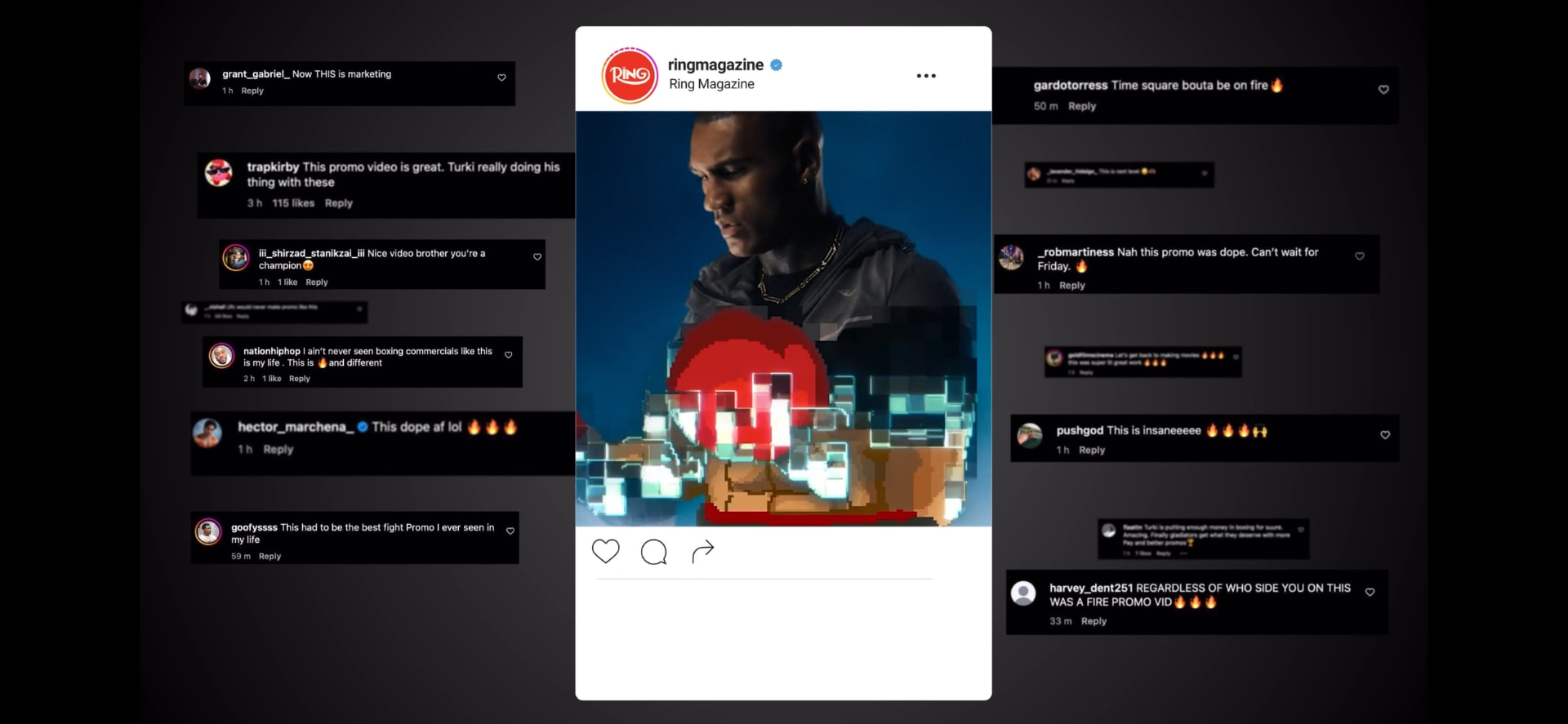 Social media response to the Ring Magazine campaign promo shown as Instagram comments